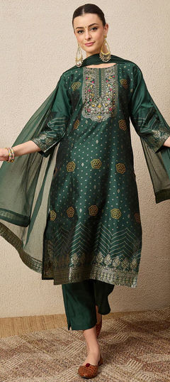 Green color Salwar Kameez in Cotton, Jacquard fabric with Weaving work