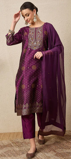 Purple and Violet color Salwar Kameez in Cotton, Jacquard fabric with Weaving work