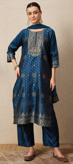 Blue color Salwar Kameez in Cotton, Jacquard fabric with Weaving work