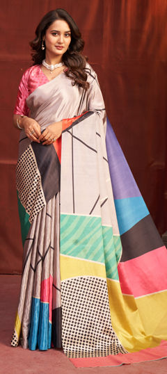 Black and Grey color Saree in Crepe Silk fabric with Digital Print work