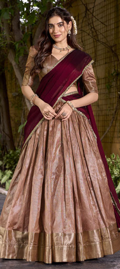 Pink and Majenta color Lehenga in Dupion Silk fabric with Weaving, Zari work