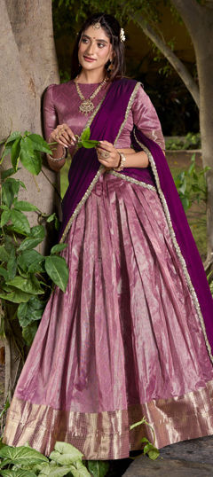 Pink and Majenta color Lehenga in Dupion Silk fabric with Weaving, Zari work