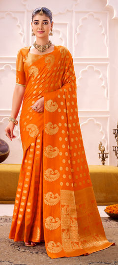 Orange color Saree in Art Silk fabric with Weaving, Zari work
