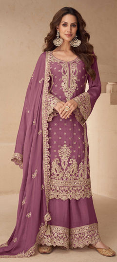 Purple and Violet color Salwar Kameez in Chinon Silk fabric with Embroidered, Sequence, Stone, Zari work