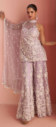 Purple and Violet color Salwar Kameez in Net fabric with Bugle Beads, Embroidered, Sequence work