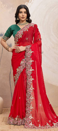 Red and Maroon color Saree in Silk fabric with Embroidered, Sequence, Thread work