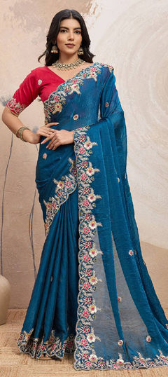 Blue color Saree in Silk fabric with Embroidered, Sequence, Thread work
