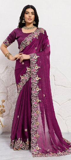 Purple and Violet color Saree in Silk fabric with Embroidered, Sequence, Thread work