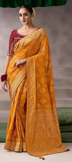 Yellow color Saree in Crepe Silk fabric with Weaving work