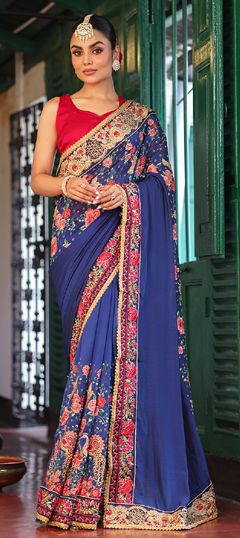 Blue color Saree in Chiffon fabric with Bugle Beads, Embroidered, Resham, Thread work