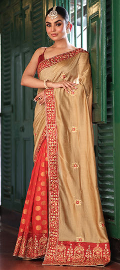 Beige and Brown, Red and Maroon color Saree in Satin Silk fabric with Embroidered, Sequence, Thread work