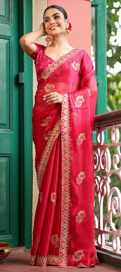 Red and Maroon color Saree in Chiffon fabric with Embroidered, Thread work