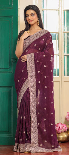Purple and Violet color Saree in Chiffon fabric with Embroidered, Thread work