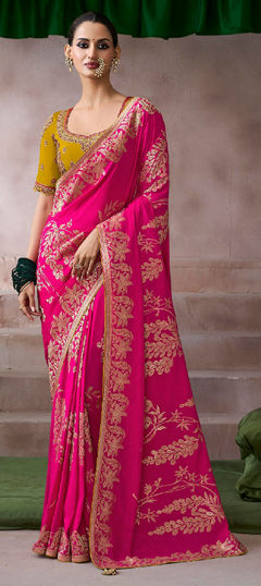Pink and Majenta color Saree in Crepe Silk fabric with Weaving work