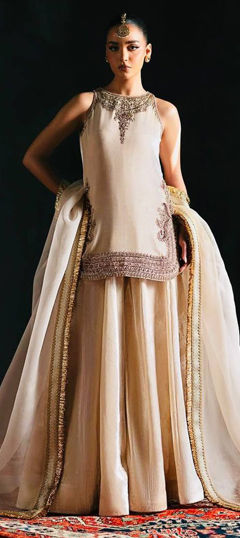 White and Off White color Salwar Kameez in Velvet, Viscose fabric with Embroidered, Sequence work