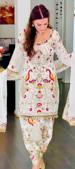 White and Off White color Salwar Kameez in Chinon Silk fabric with Embroidered, Sequence, Thread work