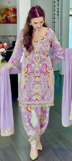 Pink and Majenta color Salwar Kameez in Chinon Silk fabric with Embroidered, Sequence, Thread work