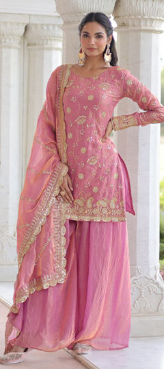 Pink and Majenta color Salwar Kameez in Tissue fabric with Embroidered, Sequence, Thread work