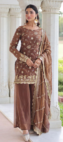 Beige and Brown color Salwar Kameez in Tissue fabric with Embroidered, Sequence, Thread work