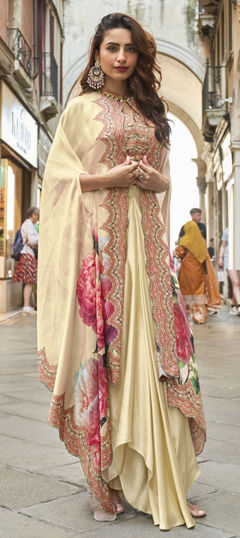 Beige and Brown color Long Lehenga Choli in Crepe Silk fabric with Embroidered, Mirror, Sequence work