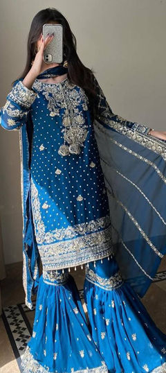 Blue color Salwar Kameez in Faux Georgette fabric with Embroidered, Sequence, Thread work