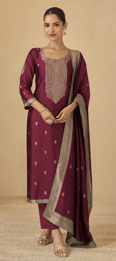 Red and Maroon color Salwar Kameez in Jacquard, Viscose fabric with Weaving work