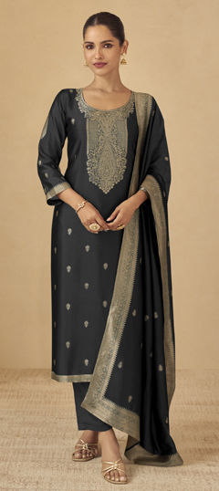 Black and Grey color Salwar Kameez in Jacquard, Viscose fabric with Weaving work