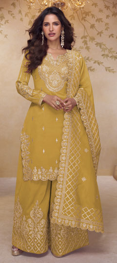 Yellow color Salwar Kameez in Shimmer fabric with Embroidered, Sequence work