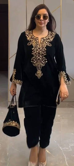 Blue color Salwar Kameez in Velvet, Viscose fabric with Embroidered, Sequence work