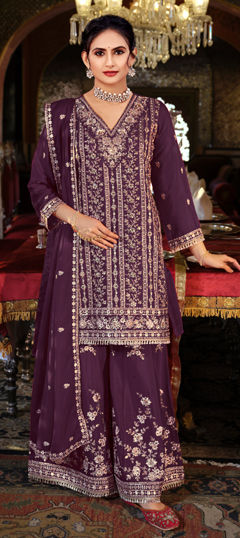 Purple and Violet color Salwar Kameez in Chinon Silk fabric with Embroidered, Mirror, Sequence work