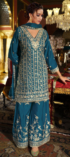 Blue color Salwar Kameez in Chinon Silk fabric with Embroidered, Mirror, Sequence work