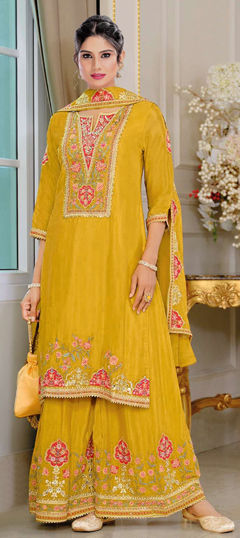 Yellow color Salwar Kameez in Chinon Silk fabric with Embroidered, Sequence work