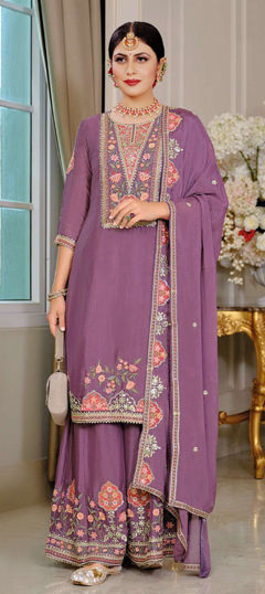 Purple and Violet color Salwar Kameez in Chinon Silk fabric with Embroidered, Sequence work