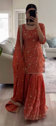 Beige and Brown color Salwar Kameez in Faux Georgette fabric with Embroidered, Thread work