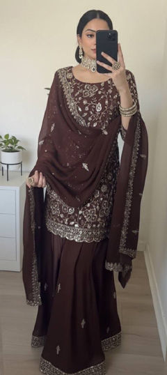 Red and Maroon color Salwar Kameez in Faux Georgette fabric with Embroidered, Thread work