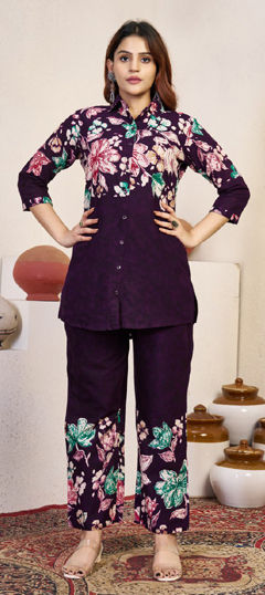 Purple and Violet color Co-ords Set in Cotton fabric with Floral, Printed work