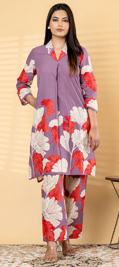 Purple and Violet color Salwar Kameez in Cotton fabric with Floral, Printed, Stone work