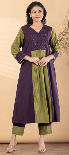 Green, Purple and Violet color Salwar Kameez in Cotton fabric with Sequence work
