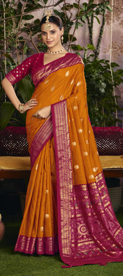 Yellow color Saree in Silk fabric with Stone, Weaving work
