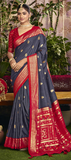 Blue color Saree in Silk fabric with Stone, Weaving work