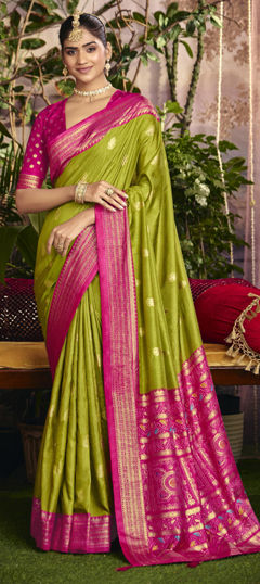 Green color Saree in Silk fabric with Stone, Weaving work