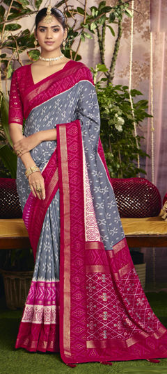 Black and Grey color Saree in Silk fabric with Stone, Weaving work