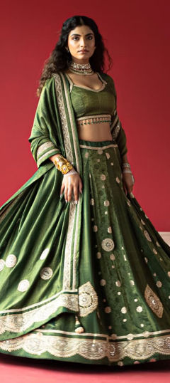 Green color Lehenga in Tissue, Viscose fabric with Embroidered, Sequence, Thread, Zari work