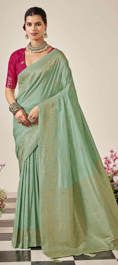 Green color Saree in Silk fabric with Weaving work