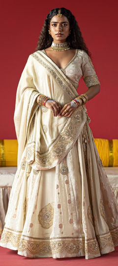 White and Off White color Lehenga in Tissue, Viscose fabric with Embroidered, Sequence, Thread, Zari work
