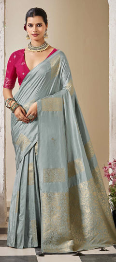 Black and Grey color Saree in Silk fabric with Weaving work