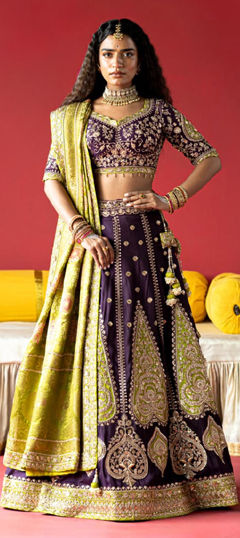 Purple and Violet color Ready to Wear Lehenga in Tussar Silk fabric with Embroidered, Sequence, Thread, Zari work