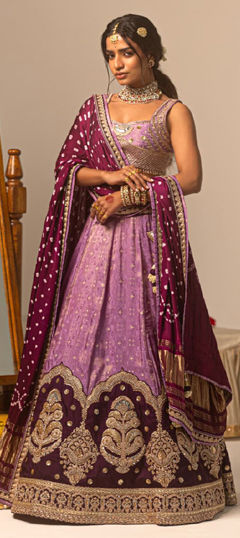 Pink and Majenta, Red and Maroon color Lehenga in Jacquard, Tissue fabric with Embroidered, Sequence, Thread, Zari work