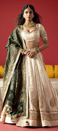 White and Off White color Lehenga in Jacquard, Tissue fabric with Embroidered, Sequence, Thread, Zari work
