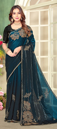 Blue color Saree in Satin Silk fabric with Thread, Zircon work